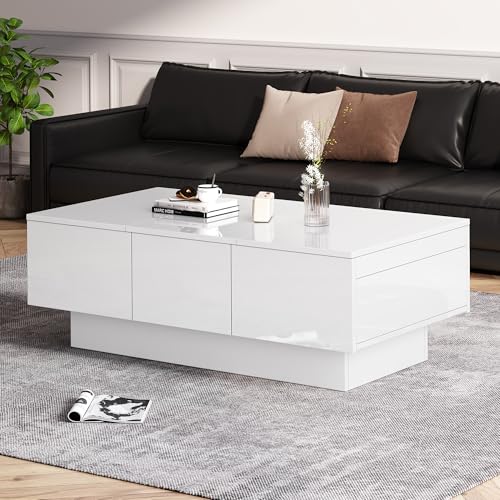 DUlVBPE Moderner Hochglanz-Couchtisch 100x55x35 cm - weiß, mit Schiebefunktion, 2 versteckte Fächer, 2 Schubladen - Elegantes Design für Ihr Wohnzimmer,Weißer Hochglanz-Couchtisch von DUlVBPE