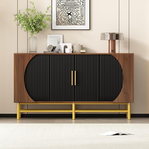 DUlVBPE Moderner Vier-Türen-Sideboard mit vertikalen Streifen und verstellbaren Ablageplatten, einzigartig und funktionsreich, ideal für Wohnzimmer und Esszimmer (Nussbaum) von DUlVBPE