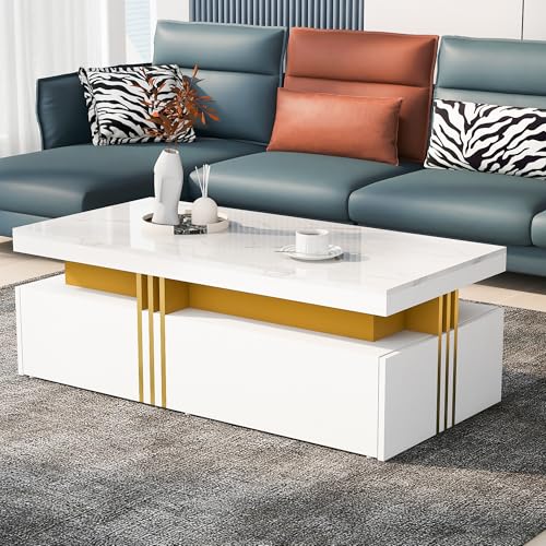 DUlVBPE Moderner rechteckiger Couchtisch mit Hochglanzplatte mit 2 Holzschubladen, marmorierte Tischplatte, für Wohnzimmer, 100 * 50 * 40 cm von DUlVBPE