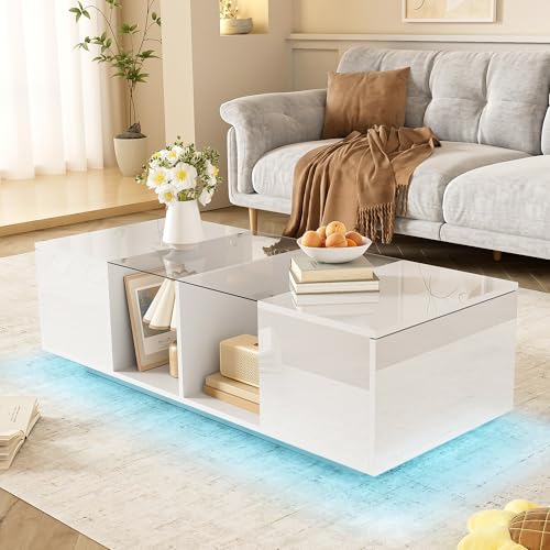 DUlVBPE Moderner weißer Couchtisch mit LED-Beleuchtung, hochglänzender Tischplatte, 120 x 50 x 38,5 cm von DUlVBPE