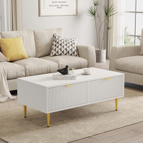DUlVBPE Moderner weißer Couchtisch mit goldenen Akzenten, 2 Schubladen, vertikales Streifendesign, 100 * 50 * 40cm, Wohnzimmer Couchtisch, Sofa Kurzschrank von DUlVBPE