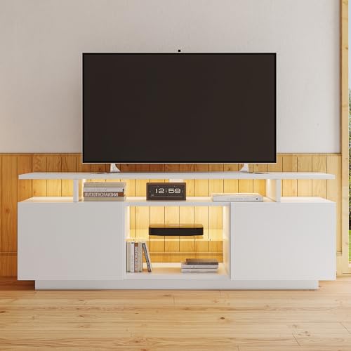 DUlVBPE Moderner weißer TV-Schrank mit 16-Farbiger LED-Beleuchtung, 1,4 m lang - Stilvoller Aufbewahrungsschrank für 60-Zoll-TV, 16-farbige Lichtleiste, hochglänzende Türblätter mit Glasfächern von DUlVBPE