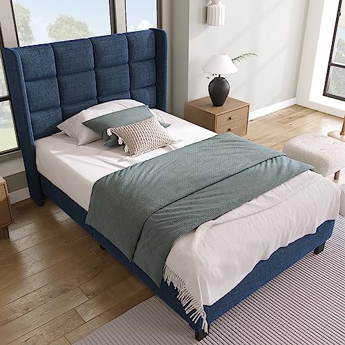 DUlVBPE Modernes Design Polsterbett Mit seinem gepolstertes Kopfteil Einzelbett mit Lattenrost, 90x200cm,in Blau Leinen, mittelfest (Ohne Matratze) von DUlVBPE