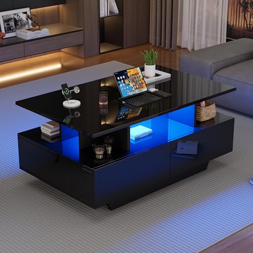 DUlVBPE Modernes Hochglanz-Couchtisch mit LED-Beleuchtung und 2 Schubladen – Stilvoller 90x55x41 cm Beistelltisch mit Stauraum, Belastbar bis 30 kg von DUlVBPE