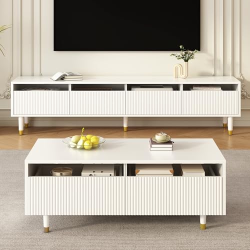 DUlVBPE Modernes LED-Möbelset: Viertüriger TV-Ständer und Couchtisch mit Zwei Schubladen – Weiß mit Gold-Design, LED-Beleuchtung, Wellenstruktur und Acrylfronten für einen stilvollen Wohnstil von DUlVBPE