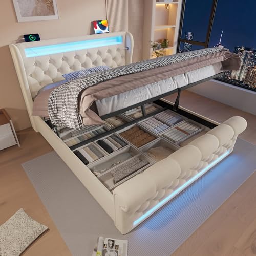 DUlVBPE Modernes Polsterbett Doppelbett 140x200cm, Polsterbett mit LED-Leuchten,Stauraum-Kopfteil mit USB- und Typ-C-Anschlüssen, Hydraulisches Stauraumbett, Beige, Samt(Ohne Matratze) von DUlVBPE
