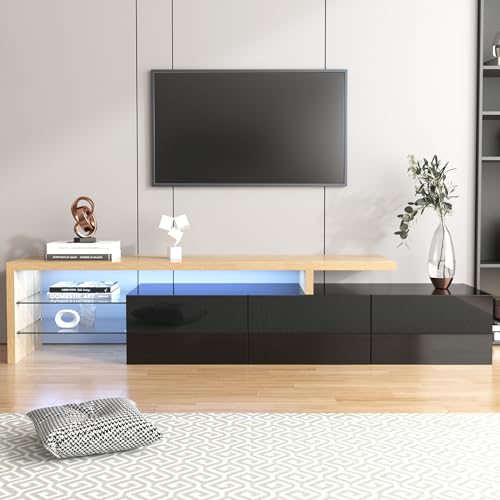 DUlVBPE Modernes TV-Schrank-Design: Stilvolle Eleganz, praktischer Stauraum, Hochglänzendes Schwarz, Holzoptik, Glasböden, LED-Beleuchtung von DUlVBPE