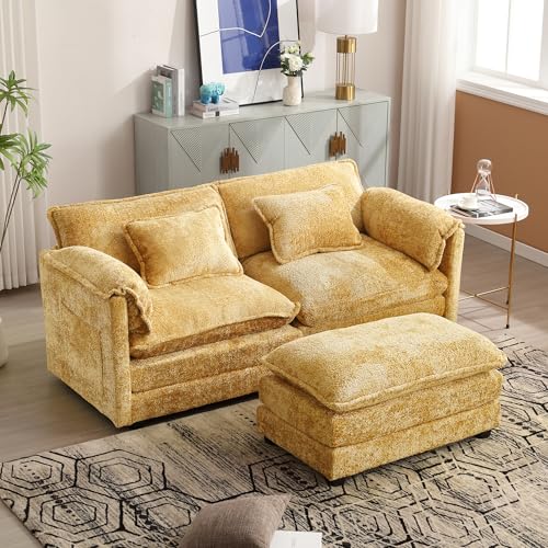 DUlVBPE Modernes minimalistisches 2-Sitzer-Sofa mit Fußstütze, Chenille-Stoff, mit seitlichen Ablagefächern und Kissen, bequem und geräumig, geeignet für Wohn-/Schlafzimmer von DUlVBPE