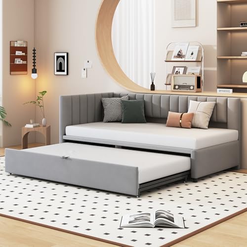 DUlVBPE Multifunktionales L-förmiges Schlafsofa mit Ausziehbett 90/180 * 200cm, Polsterbett in Samtstoff, platzsparendes Design für Kinderbett, Gästebett Grau von DUlVBPE