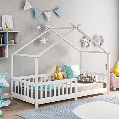 DUlVBPE 「Not Allowed to Sell on Germany」Schönes Hausbett Kinderbett,Vollholz mit Zaun und Lattenrost, mit Rausfallschutz für Kinder- und Jugendzimmer,Weiß (90x200cm) von DUlVBPE