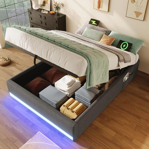 DUlVBPE Polsterbett, 90 * 200cm, Fernbedienbare LED-Leiste,Mit USB und Typ-C, Mit kleinen Aufbewahrungstaschen, Kein Kopfteil-Design, Hydraulische Speicherfunktion, Keine Matratze, Grau von DUlVBPE