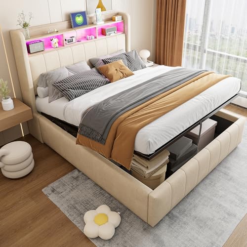 DUlVBPE Polsterbett 140 * 200cm mit LED-Beleuchtung und USB-Steckdose, Kopfteil mit Einlegeböden und Stauraum, Mit Hydraulik für die Lagerung, Erwachsenenbett Doppelt, Leinenstoff Beige DUlVBPE Polsterbett 140 * 200cm mit LED-Beleuchtung und USB-Steckdose, Kopfteil mit Einlegeböden und Stauraum, Mit Hydraulik für die Lagerung, Erwachsenenbett Doppelt, Leinenstoff Beige von DUlVBPE
