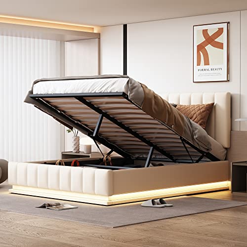 DUlVBPE Polsterbett 140 x 200 cm mit LED, Metalllattenrost & Bettkasten, Doppelbett mit höheverstellbarem Polsterkopfteil & hydraulischem Stauraum, Weiß(ohne Matratze) von DUlVBPE