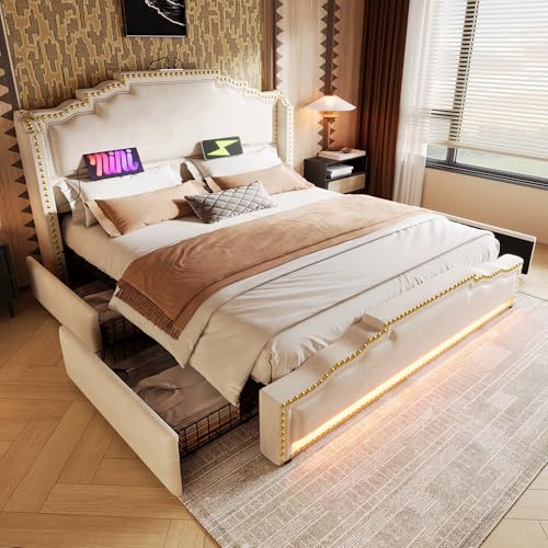 DUlVBPE Polsterbett 160×200, Doppelbett mit 4 Schubladen, LED-Beleuchtung und USB-C-Ladeanschluss, Stauraumbett und Jugendbett mit Lattenrost, Samt, Beige, ohne Matratze von DUlVBPE