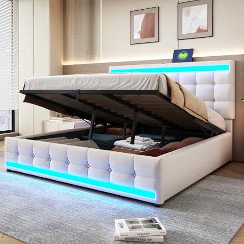 DUlVBPE Polsterbett 180 * 200 Hydraulisches Stauraum-Kinderbett mit USB und farbwechselndem LED-Lichtstreifen, Beiges Leinen-Einzelbett von DUlVBPE