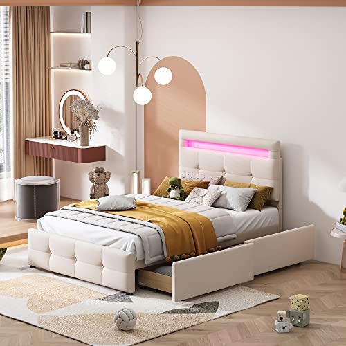 DUlVBPE Polsterbett 90 * 200cm mit LED-Leuchten, 2 Schubladen, hautfreundlicher Leinenpolsterung flach Einzelbett Kinderbett Jugendbett Gästebett (Beige) von DUlVBPE