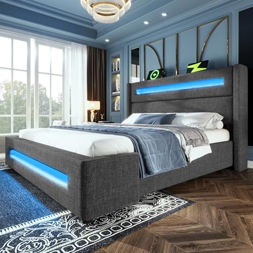 DUlVBPE Polsterbett Doppelbett 160x200 cm, Jugendbett mit LED, Stauraumbett mit hydraulischem Stauraum und USB Type-C Aufladen, Metallbettrahmen mit Holzlatten, Grau, Leinen, Mit Matratze. DUlVBPE Polsterbett Doppelbett 160x200 cm, Jugendbett mit LED, Stauraumbett mit hydraulischem Stauraum und USB Type-C Aufladen, Metallbettrahmen mit Holzlatten, Grau, Leinen, Mit Matratze. von DUlVBPE