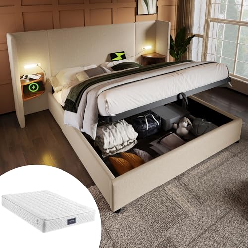 DUlVBPE Polsterbett Doppelbett 160×200 mit Nachttisch, Leselampe und USB Type-C Ladefunktion, Bettanlage Stauraumbett Bettgestell mit Lattenrost aus Massivholz und Metall, Beige, Leinen(Mit Matratze) von DUlVBPE