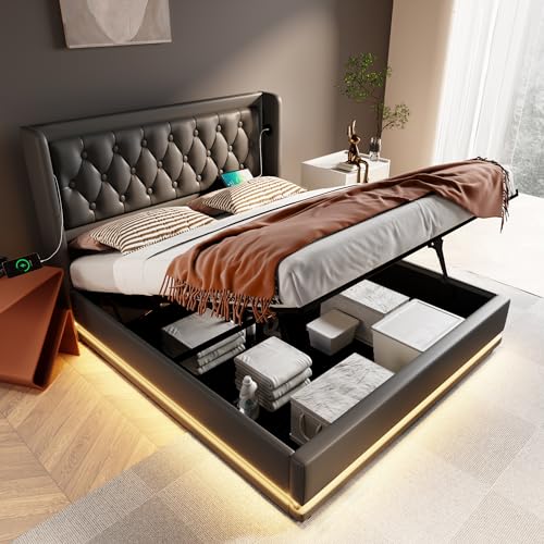 DUlVBPE Polsterbett Doppelbett 180 * 200 cm,Schwarz PU-Material Hydraulisches Stauraumbett, gepolstertes Kopfteil mit USB Typ-C Ladefunktion, 3-seitige LED-Funktion(Ohne Matratze) von DUlVBPE