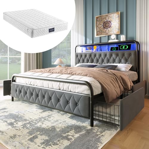 DUlVBPE Polsterbett Doppelbett mit Aufladen USB Type C Ladefunktion APP-Control LED Bettgestell Metallbett 160×200 Bettrahmen und 4 Schubladen, Samt (Mit Matratze) von DUlVBPE