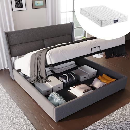 DUlVBPE Polsterbett Doppelbett mit Verstellbare Kopfstützen,Stauraumbetten Bettgestell aus Leinenmaterial Jugendbett 140x200 mit lattenrost(Mit Matratze) von DUlVBPE