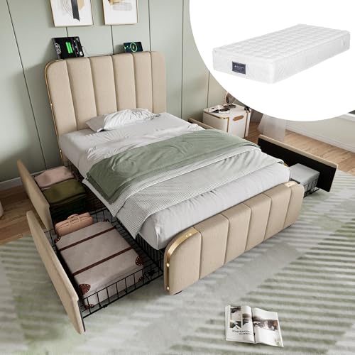 DUlVBPE Polsterbett Einzelbett, gepolstertes Kopfteil mit goldenen Zierstreifen und,USB Typ-C Ladefunktion 90 * 200 cm, Beige Leinen-Material mit 4 Schubladen (Mit Matratze) von DUlVBPE