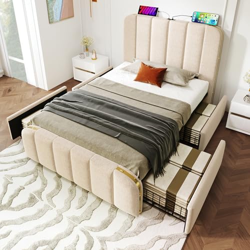 DUlVBPE Polsterbett Einzelbett, gepolstertes Kopfteil mit goldenen Zierstreifen und,USB Typ-C Ladefunktion 90 * 200 cm, Beige Leinen-Material mit 4 Schubladen (Ohne Matratze) von DUlVBPE