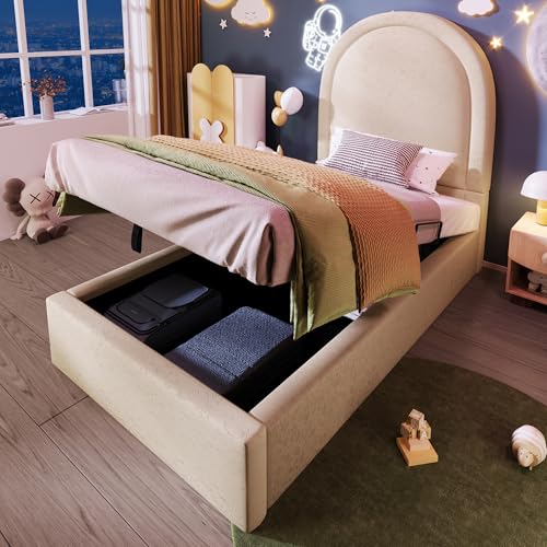 DUlVBPE Polsterbett Kinderbett,Einzelbett mit kosmischem Muster, 90 x 190 cm, Beige,PU für Jungen & Mädchen (Ohne Matratze) von DUlVBPE