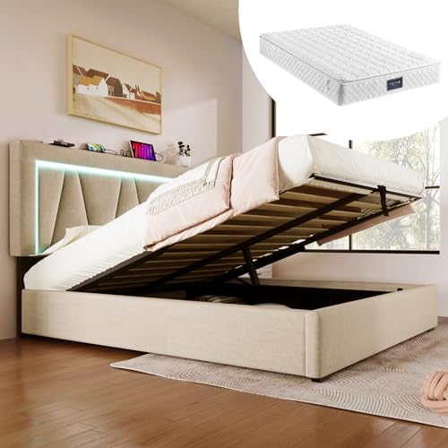 DUlVBPE Polsterbett LED Doppelbett mit USB Typ C Ladefunktion und LED-Beleuchtung,Stauraumbetten Bettgestell aus Leinenmaterial Jugendbett 160x200 mit lattenrost(Mit Matratze) von DUlVBPE