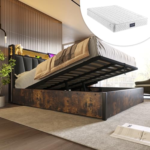 DUlVBPE Polsterbett Metallbett LED App-Control Doppelbett mit Aufladen USB Ladefunktion Kopfteil und LED-Beleuchtung,Metallbett 140x200cm Lattenrost aus Holz, Grau (Mit Matratze) von DUlVBPE