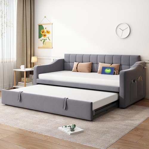 DUlVBPE Polsterbett Schlafsofa 2 in 1 Multifunktionsschlafsofa 90/180, Grau Samtstoff Polsterbett mit Steckdose und Aufbewahrungstasche von DUlVBPE