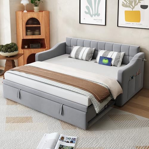 DUlVBPE Polsterbett Schlafsofa 2 in 1 Multifunktionsschlafsofa 90 * 180 * 190, Hellgrau Samtstoff Polsterbett mit Steckdose und Aufbewahrungstasche von DUlVBPE