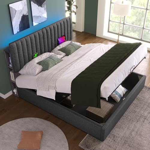 DUlVBPE Polsterbett Stauraum Doppelbett LED App-Control Bett mit Aufladen USB Type C Ladefunktion, Stauraum & Verstellbares Kopfteil,160x200cm Lattenrost aus Holz, Grau (Ohne Matratze) von DUlVBPE