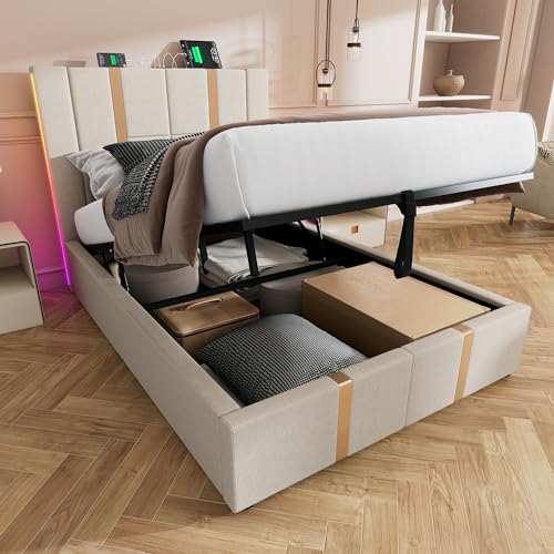 DUlVBPE Polsterbett USB Type C Ladefunktion APP-Control LED Einzelbett 90×200 Stauraumbetten Bettgestell, Lattenrost aus Holz,Beige Leinenmaterial (Ohne Matratze) von DUlVBPE