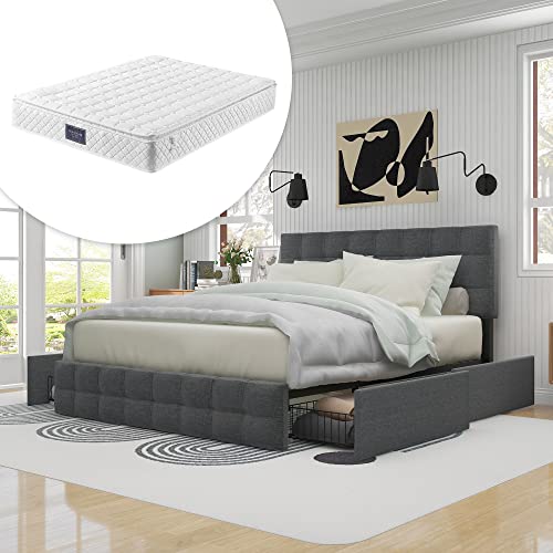 DUlVBPE Polsterbett mit 4 Schubladen&Federkernmatratze, Doppelbett mit Lattenrost, höhenverstellbares Kopfteil & quadratisches Nähdesign, Metalllattenstütze, Leinenmaterial (140 * 200 cm, Grau) von DUlVBPE