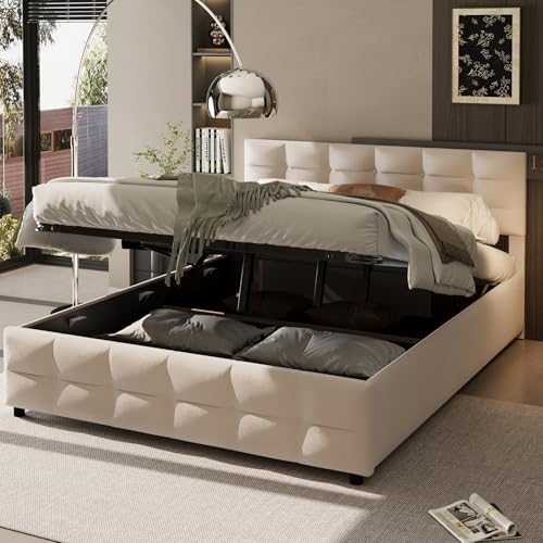 DUlVBPE Polsterbett180*200cm, Lattenrost, hydraulisches Einzelbett, holländischer Samtstoff, Beige von DUlVBPE