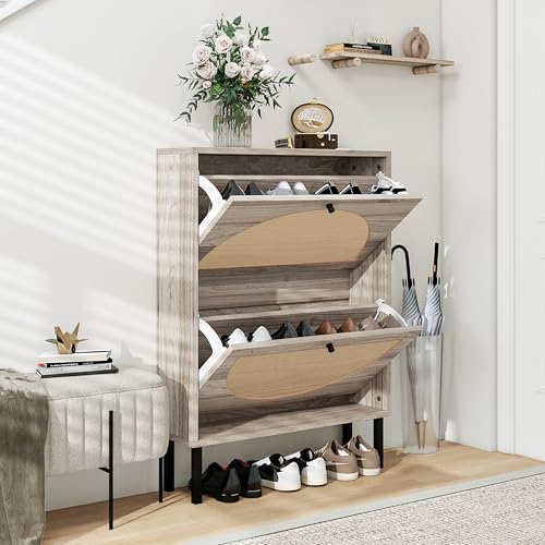 DUlVBPE Retro-Grauer Schuhschrank mit Zwei Türen, austauschbaren halbrunden Türfronten und Rattan-Oberfläche, Länge 60 cm, mit Rückwand, geeignet für den Eingangsbereich und andere Szenen. von DUlVBPE