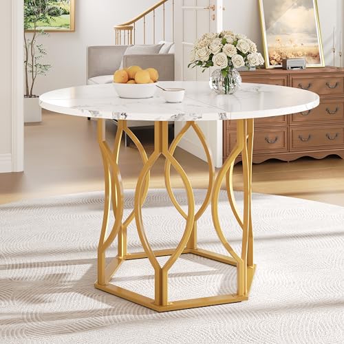 DUlVBPE Runder Esstisch (100×100×76cm), Küchentisch, Runder Kaffeetisch für 4,geeignet für Esszimmer, Wohnzimmer,Tischbeine aus Metall,MDF marmorierte Tischplatte, goldene Beine von DUlVBPE