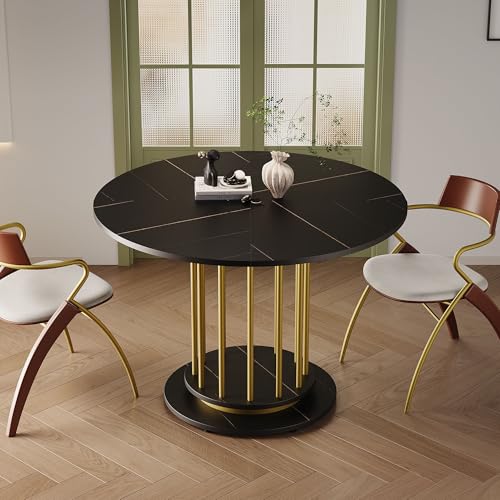 DUlVBPE Runder Esstisch mit Marmoroptik Modernes Design mit Metallgestell, Platzsparender Küchentisch für 2–4 Personen, Perfekt für Esszimmer oder Wohnzimmer (Schwarz+Gold) von DUlVBPE