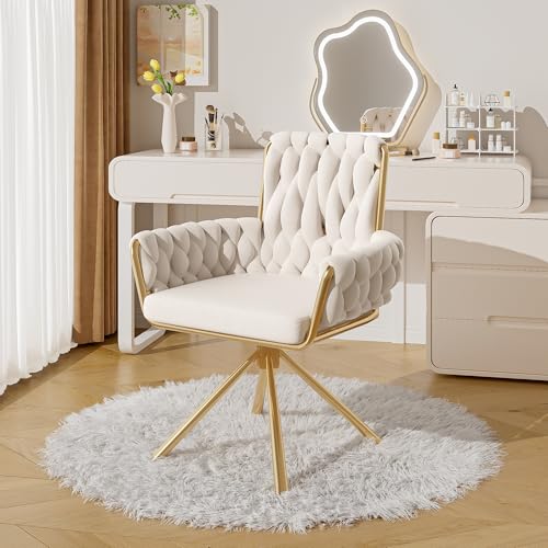 DUlVBPE Samt-Esszimmerstuhl, Sessel, einzelner luxuriöser Wohn- und Schlafzimmer-Drehstuhl, Freizeit-Drehstuhl mit Vier Stützbeinen aus Metall, beige von DUlVBPE