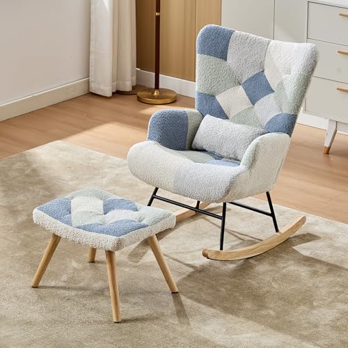 DUlVBPE Schaukel-Relaxsessel mit Fußhocker, moderner Stoffsessel, gepolstertes Schlafsofa für Wohnzimmer, Schlafzimmer, Büro (Patchworkfarbe, Hahnentrittmuster)-Belastbarkeit bis 110 kg von DUlVBPE