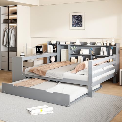 DUlVBPE Schlafsofa Aus Massivholz, 140 * 200 cm, Mit Schreibtisch Bücherregalen Ablagefächern und Regalen, Mit Steckdosen, Ausziehbarem Bett Unter Dem Bett, Multifunktionales Doppelholzbett, Grau von DUlVBPE