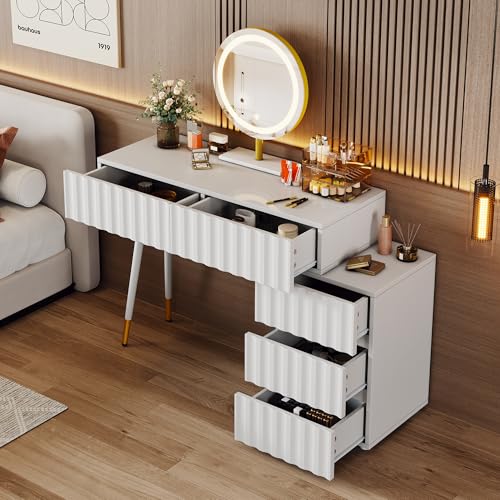 DUlVBPE Schminktisch mit LED-Spiegel und Beleuchtung - Weißes Schminktisch-Set für Schlafzimmer mit 5 geräumigen Schubladen - Maße: B100/H127/T40 cm(ohne Hocker) von DUlVBPE