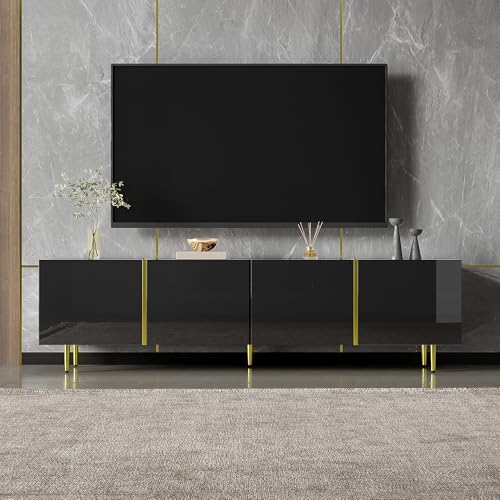 DUlVBPE Schwarzes Hochglanz-TV-Schrank mit 4 Türen, modern und schlicht, in Schwarz-Gold-Farbkombination von DUlVBPE