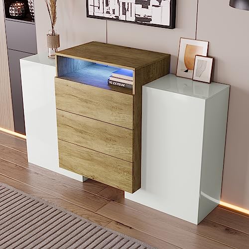 DUlVBPE Sideboard, Moderner Kommode, Schrank 140cm, Hochglanz-Weiß und Holzfarbe, Mehrfarbige LED-Lichteffekte. Stilvolle Aufbewahrungslösung (Teilweise glänzende Oberfläche) von DUlVBPE