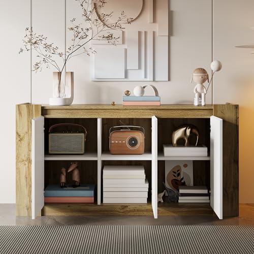 DUlVBPE Sideboard, Schränke in Hochglanzweiß und Holz, griffloses Design, abgeschrägte Türen, die gleichzeitig als Griffe dienen, sanft schließende Scharniere und verstellbare Regale DUlVBPE Sideboard, Schränke in Hochglanzweiß und Holz, griffloses Design, abgeschrägte Türen, die gleichzeitig als Griffe dienen, sanft schließende Scharniere und verstellbare Regale von DUlVBPE