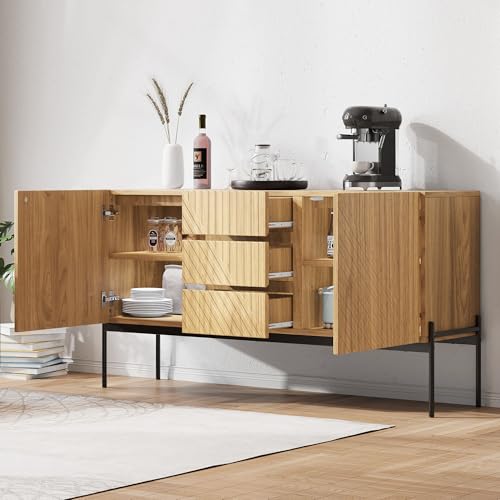DUlVBPE Sideboard mit 2 Türen und 3 Schubladen,Metallbeinen, TV-Schrank,Buffet, Kommode mit Linien-Design, Maße: H75 cm / B140 cm/ T40 cm von DUlVBPE