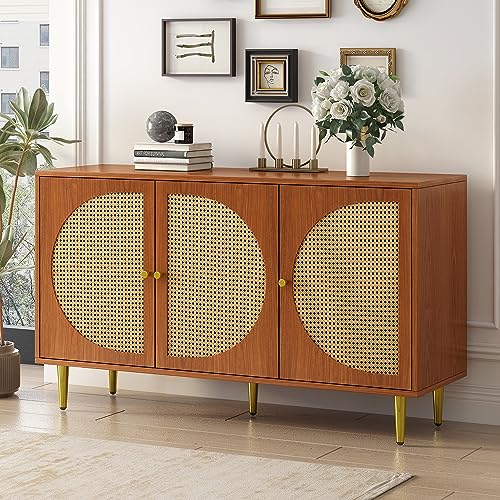 DUlVBPE Sideboard mit 3 Rattan verzierten Türen Kommode Highboard mit Metallgriffe, für Schlafzimmer & Wohnräume & Büro, Nussbaum 129.8X 40x 76cm von DUlVBPE