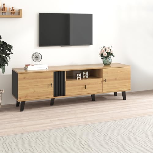 DUlVBPE Stilvolle Eleganz: 170cm TV-Schrank mit Holz- und Schwarzdesign,TV-Möbel, Lowboard mit Schubladen, Vielfältige Aufbewahrungsfunktionen, einzigartiges Erscheinungsbild. von DUlVBPE