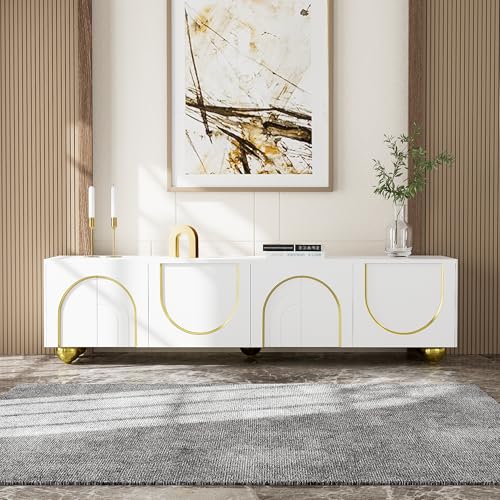 DUlVBPE TV-Schrank, lowboard mit strukturierten Türen, goldenen Verzierungen, goldenen runden Beinen, inklusive Einlegeböden, Push-to-Open von DUlVBPE